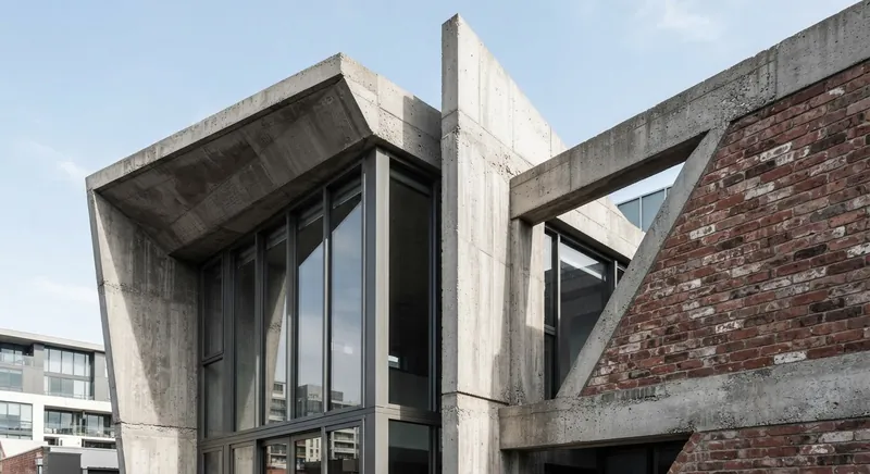 Brutalist concrete and glass facade intersecting a classic red brick building under stark daylight